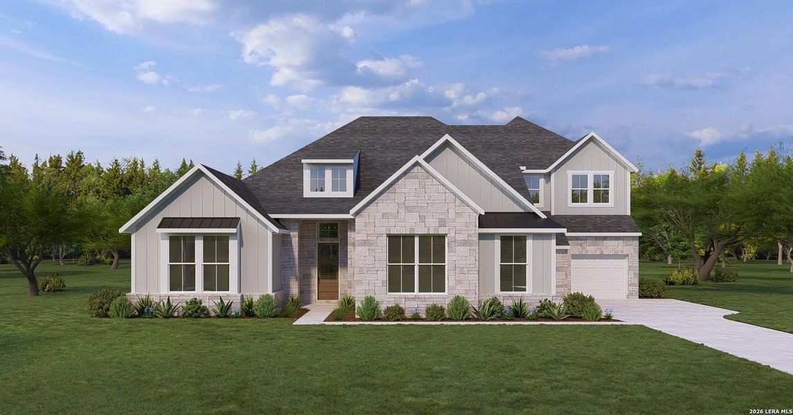 Front exterior of a new home in Shavano Highlands, San Antonio, TX, highlighting curb appeal (Image 10).