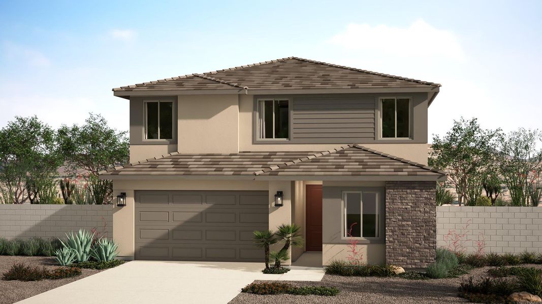 Front exterior of a new home in Citrus Park, Goodyear, AZ, highlighting curb appeal (Image 1). Front exterior of a new home in Citrus Park, Goodyear, AZ, highlighting curb appeal (Image 1).