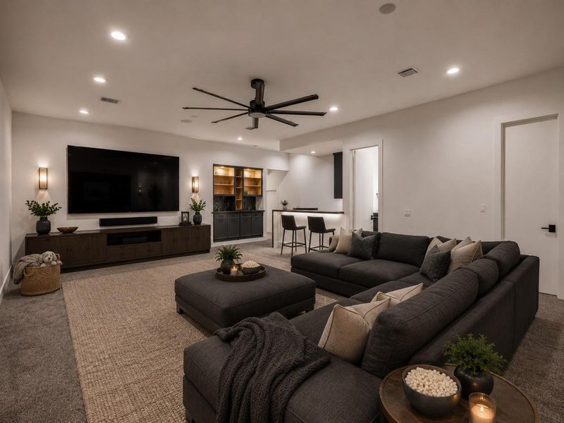 Upstairs media room has beautiful built-ins perfect for decorating and extra storage space. Image is virtually staged. Upstairs media room has beautiful built-ins perfect for decorating and extra storage space. Image is virtually staged.