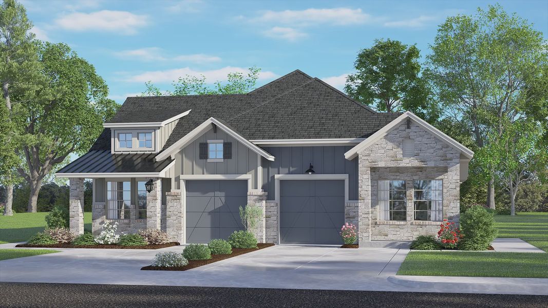 Representative exterior photo of a completed home built from the Chalet by Chesmar Homes in Meridiana Townhomes, Iowa Colony, TX (Image 6).