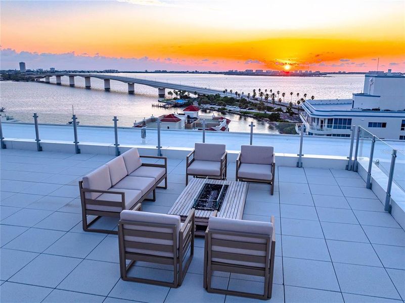 Shared resident balcony on the rooftop with views looking west over Sarasota Bay and the Gulf of Mexico.