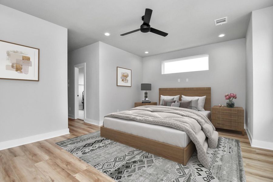 Spacious bedroom with modern finishes and abundant natural light. Clean, calming design creates a perfect retreat.