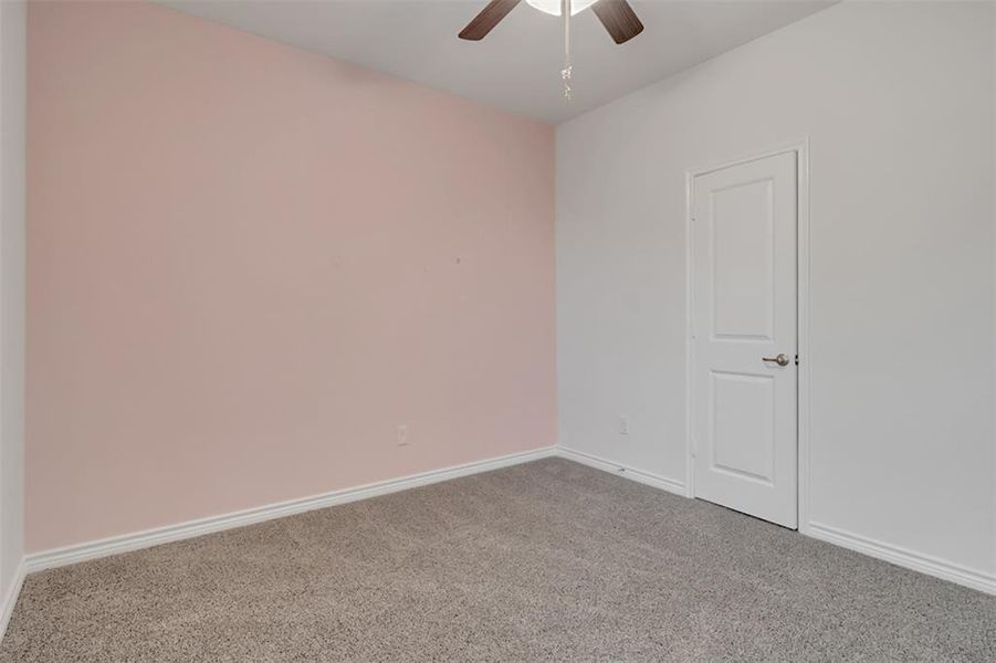 Unfurnished room featuring ceiling fan and carpet floors