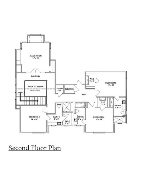 A view of the second floor plan shows the game room with closet and snack bar, open hall and staircase leading to three additional bedrooms, each with it's own bath and walk-in closets.