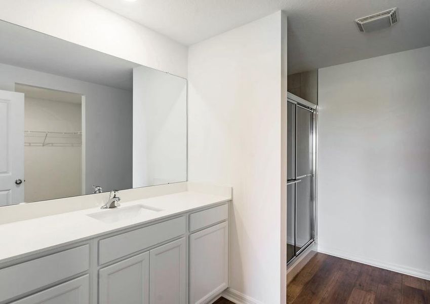 The master bathroom has a large vanity