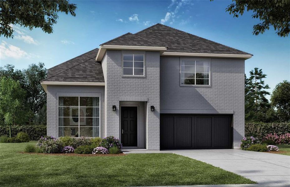 View of front facade featuring a shingled roof, a front yard, an attached garage, concrete driveway, and brick siding