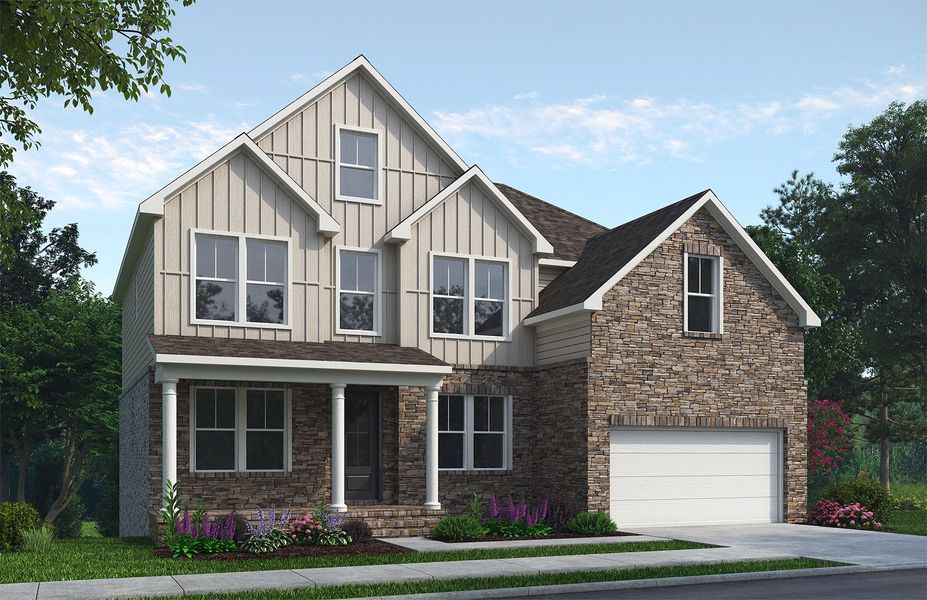 Representative exterior photo of a completed home built from the The Danbury J w/ Basement by Davidson Homes LLC in Fern Hollow, Buford, GA (Image 1). Representative exterior photo of a completed home built from the The Danbury J w/ Basement by Davidson Homes LLC in Fern Hollow, Buford, GA (Image 1).