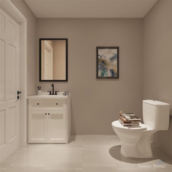 First-floor powder room with upgraded vanity and elegant high-arc faucet. Example photo, virtually staged