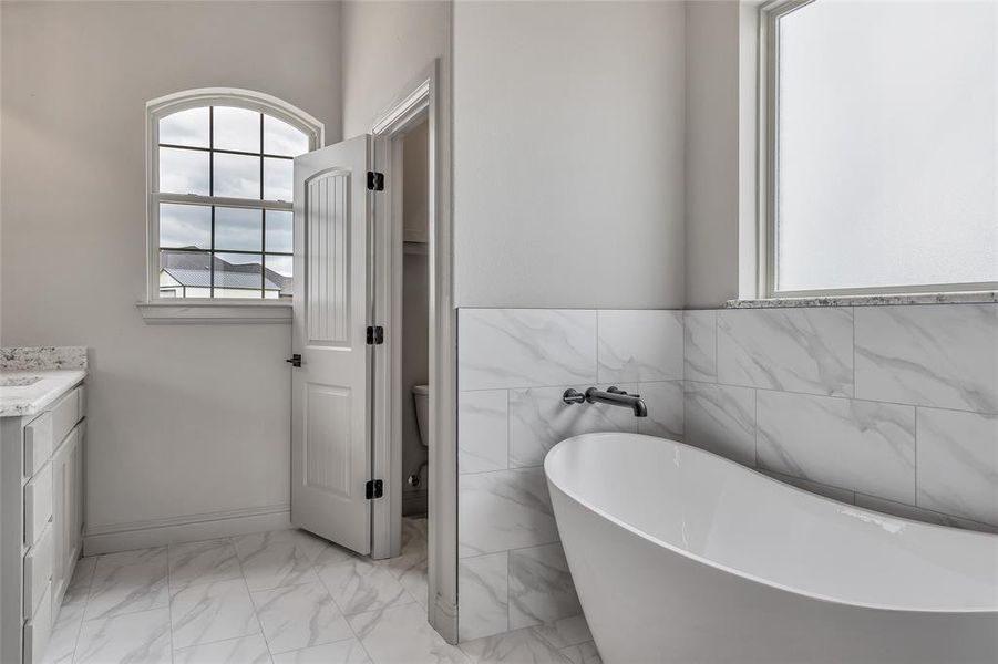 Bathroom with tile walls, toilet, vanity, and a bathtub