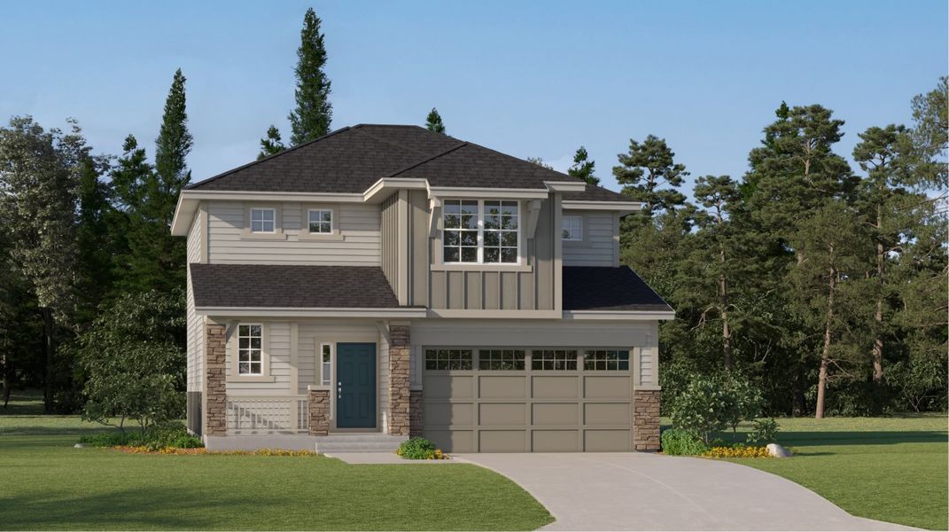 Front exterior of a new home in Newlin Crossing, Parker, CO, highlighting curb appeal (Image 1). Front exterior of a new home in Newlin Crossing, Parker, CO, highlighting curb appeal (Image 1).