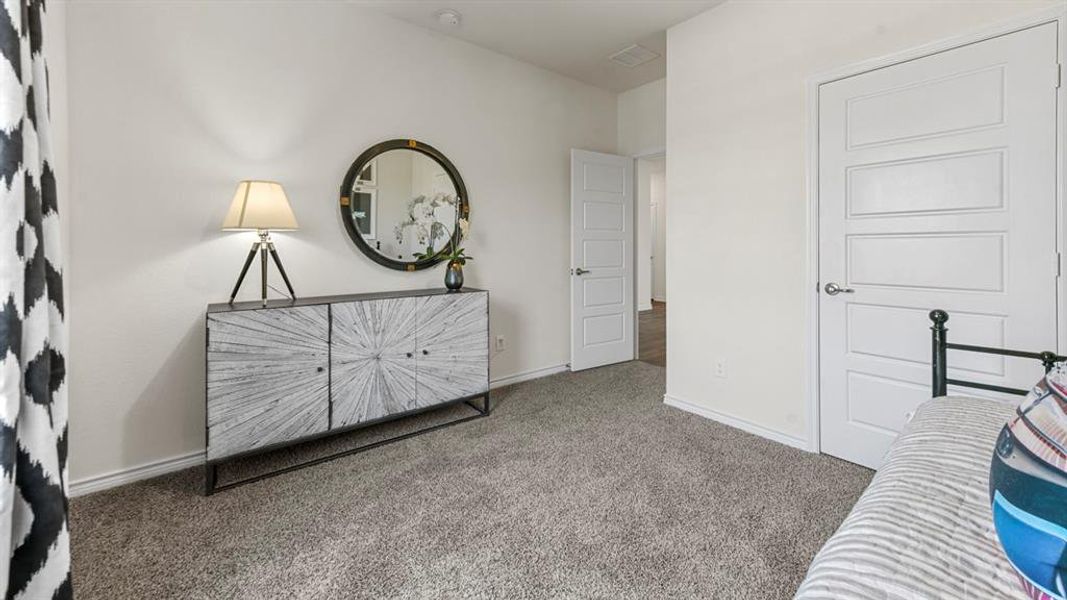 Plush carpeting throughout with white baseboards