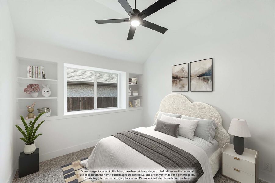 Bedroom with vaulted ceiling, ceiling fan, built-in shelves, and upholstered headboard
