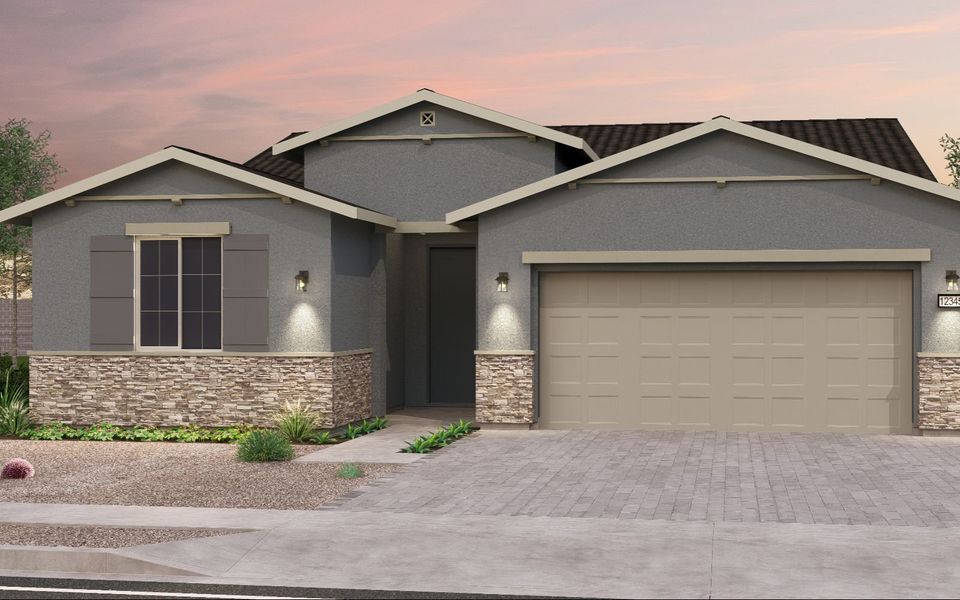 Representative exterior photo of a completed home built from the Lantana by Brookfield Residential in Blossom Rock, Apache Junction, AZ (Image 10). Representative exterior photo of a completed home built from the Lantana by Brookfield Residential in Blossom Rock, Apache Junction, AZ (Image 10).