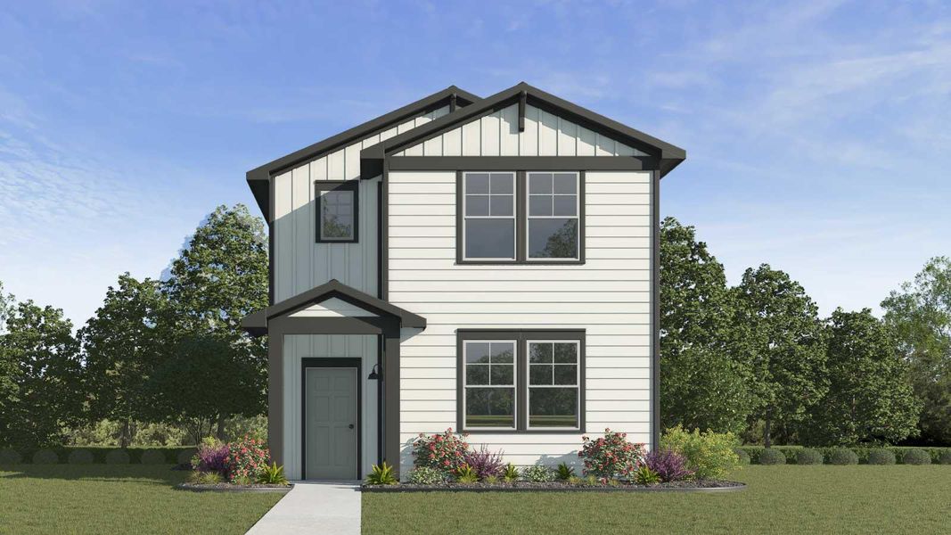 Front exterior of a new home in Valverde, Bastrop, TX, highlighting curb appeal (Image 2). Front exterior of a new home in Valverde, Bastrop, TX, highlighting curb appeal (Image 2).