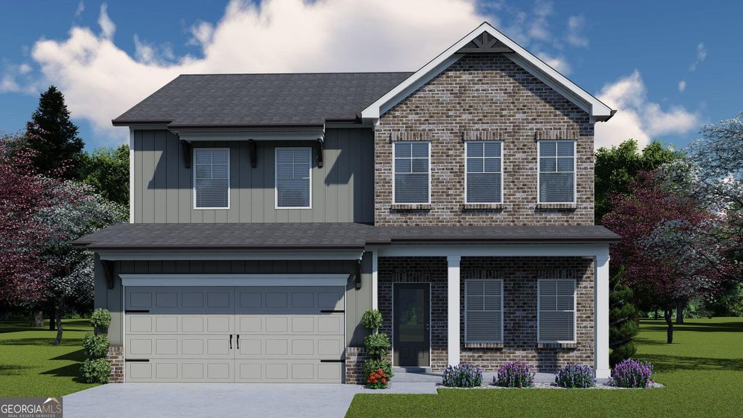 Front exterior of a new home in Ponderosa Farms Manor, Gainesville, GA, highlighting curb appeal (Image 1).