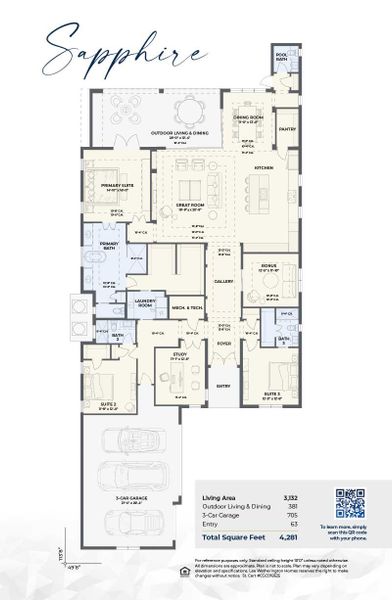 2D floor plan layout for the Sapphire by Lee Wetherington Homes in Wild Blue at Waterside, Lakewood Ranch, FL (Image 3).
