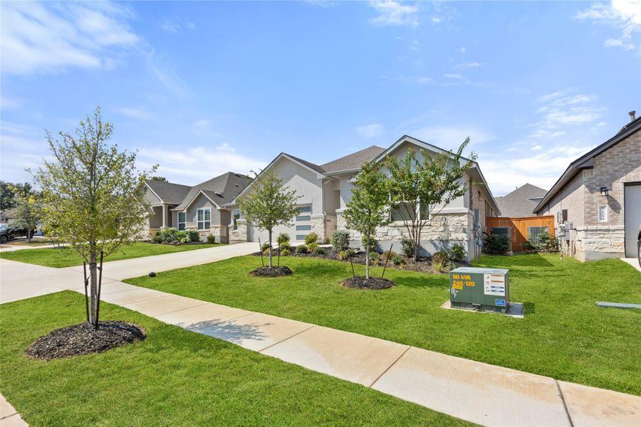 Craftsman house with concrete driveway, a front yard, and stone siding