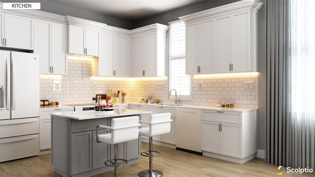 Kitchen with optional white appliances and optional island cabinetry