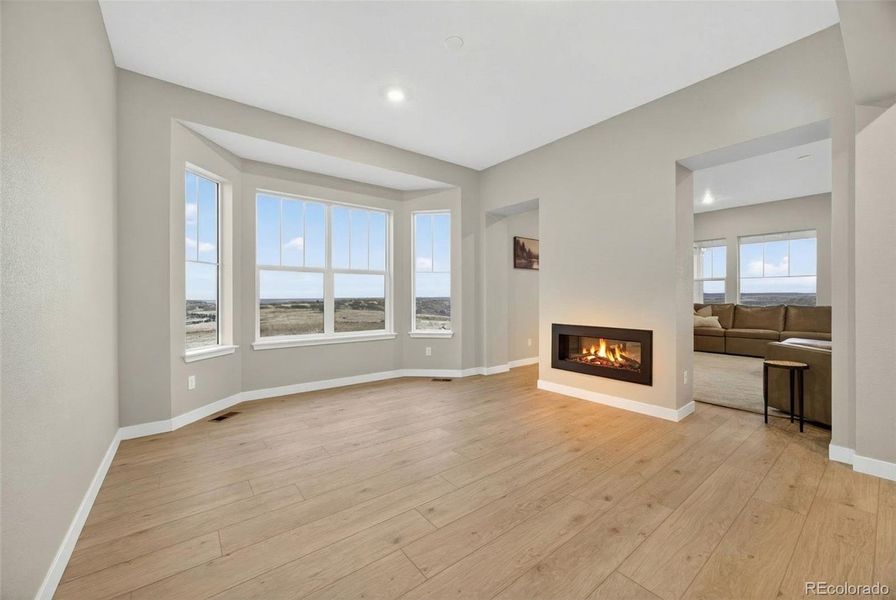 Views and gas fireplace in bonus room. Views and gas fireplace in bonus room.