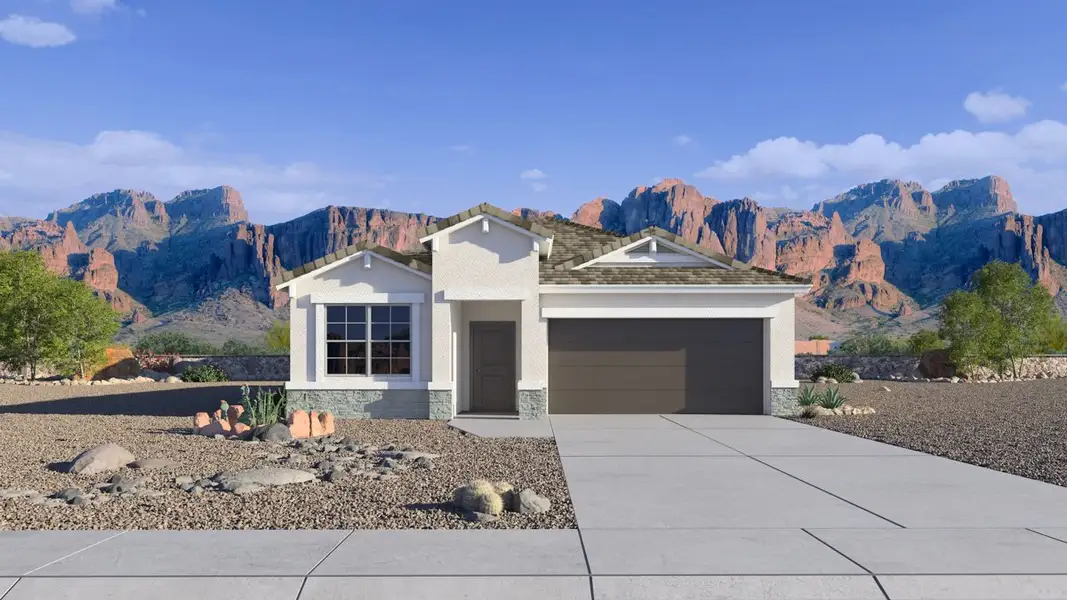 Front exterior of a new home in Copper Falls, Buckeye, AZ, highlighting curb appeal (Image 1). Front exterior of a new home in Copper Falls, Buckeye, AZ, highlighting curb appeal (Image 1).