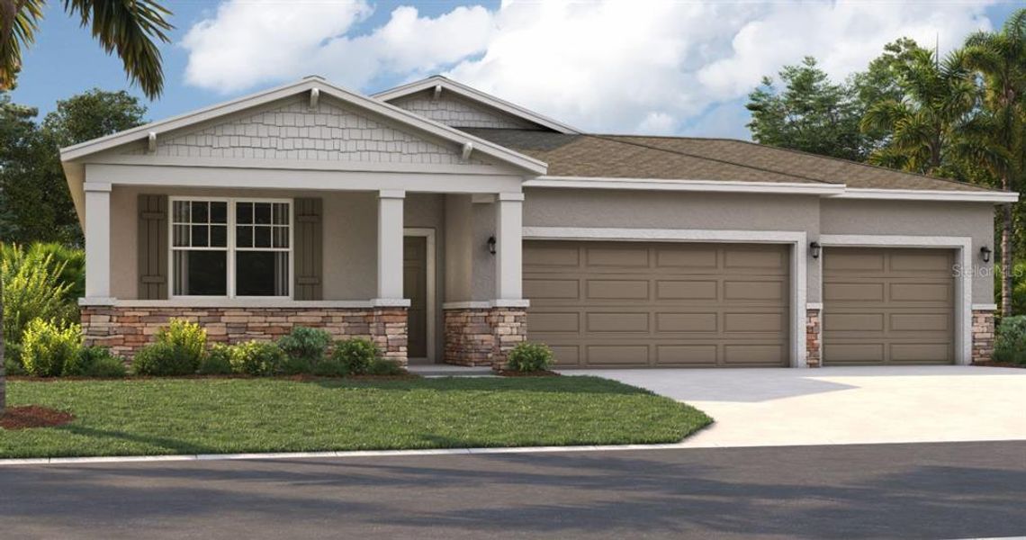 Front exterior of a new home in Groves at Grand Island, Grand Island, FL, highlighting curb appeal (Image 1).