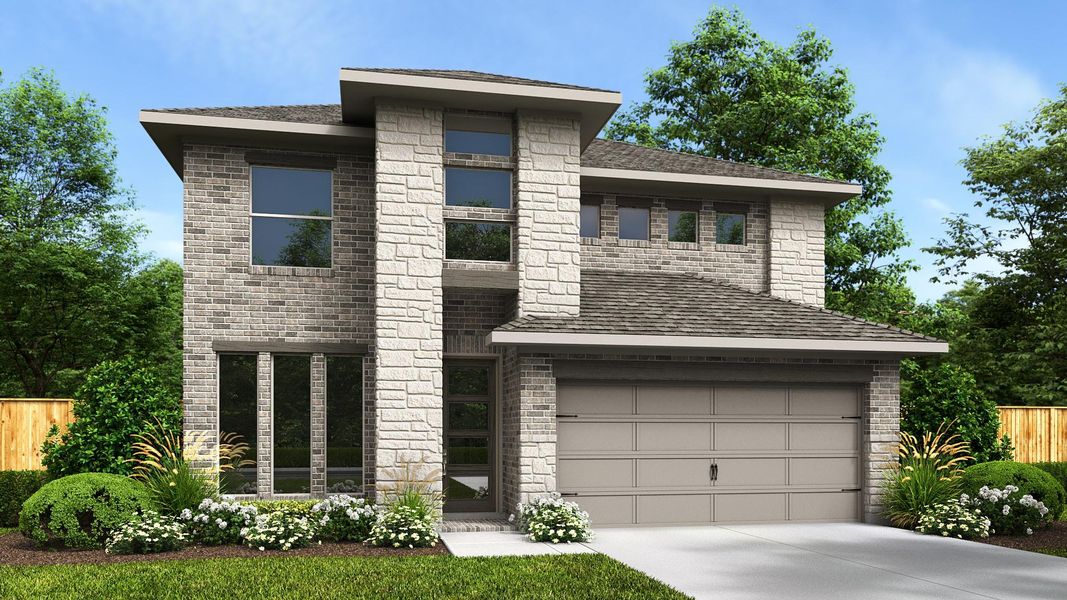 Front exterior of a new home in Audubon Park 45', Magnolia, TX, highlighting curb appeal (Image 1).
