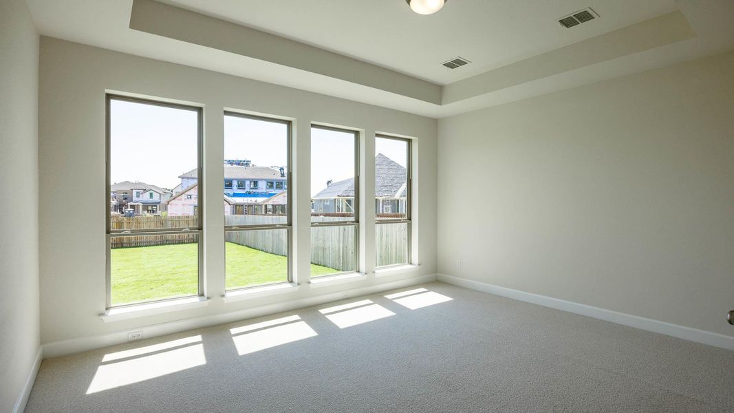 Carpeted spare room featuring a tray ceiling and a residential view