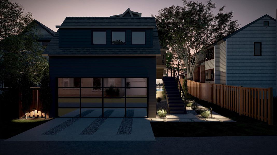 Modern architecture pairs with a glass-paneled garage door and structured pathways under twilight skies. Modern architecture pairs with a glass-paneled garage door and structured pathways under twilight skies.