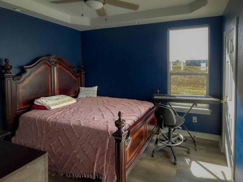 Bedroom featuring a tray ceiling, wood finished floors, and ceiling fan