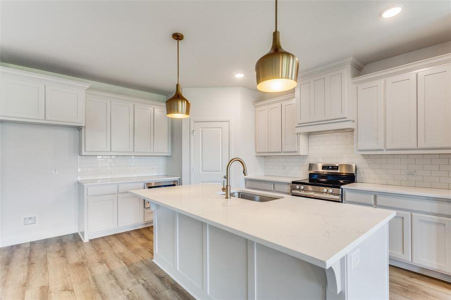 Kitchen featuring light hardwood / wood-style floors, stainless steel stove, tasteful backsplash, and sink