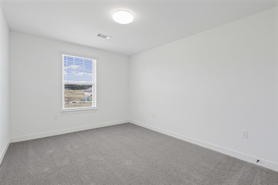 Wall-to-wall carpeting in a neutral tone, white walls, and a single window with blinds