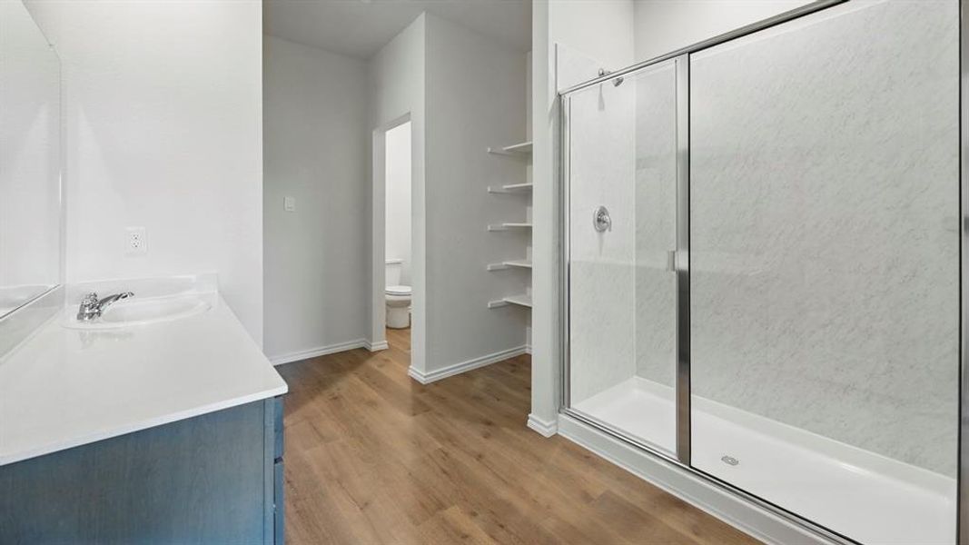 Full bath featuring dark wood finished floors, vanity, and a shower stall