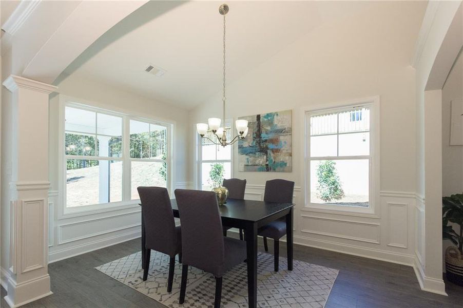 Dining space featuring a healthy amount of sunlight, an inviting chandelier, dark hardwood / wood-style flooring, and vaulted ceiling