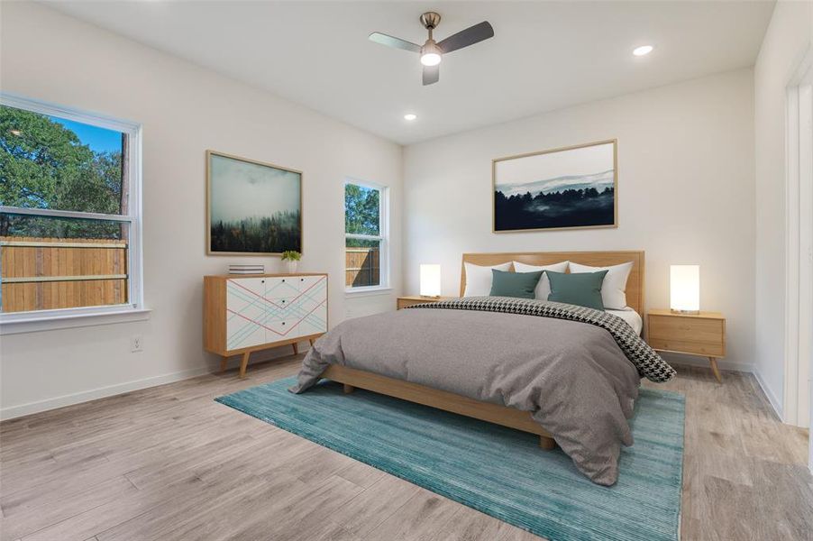 Bedroom featuring wood finished floors, recessed lighting, and ceiling fan