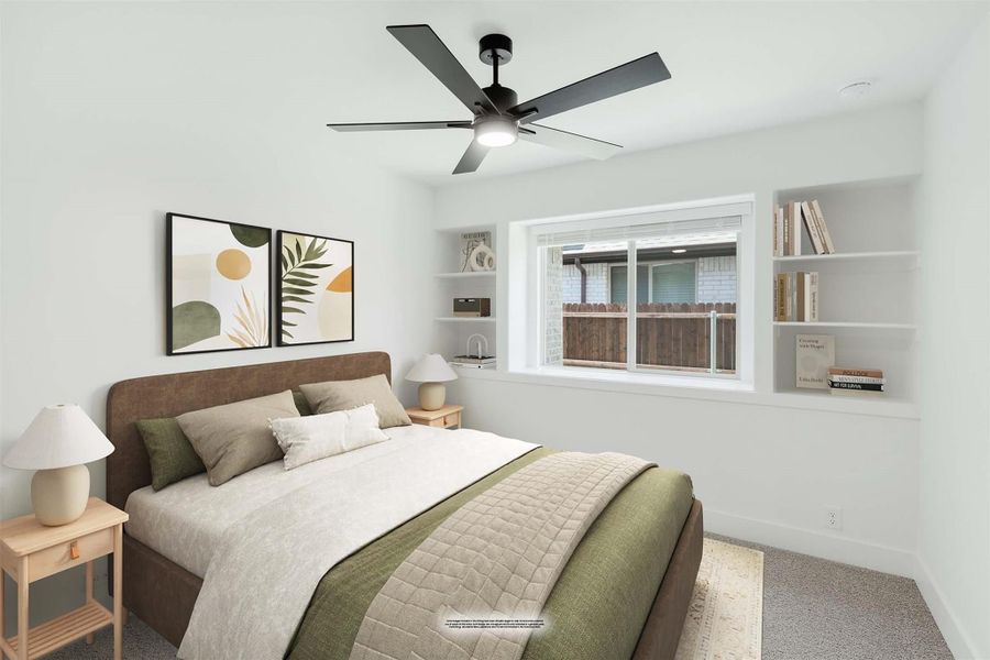 Bedroom with ceiling fan, built-in shelves, large window, and queen bed with green accents Bedroom with ceiling fan, built-in shelves, large window, and queen bed with green accents