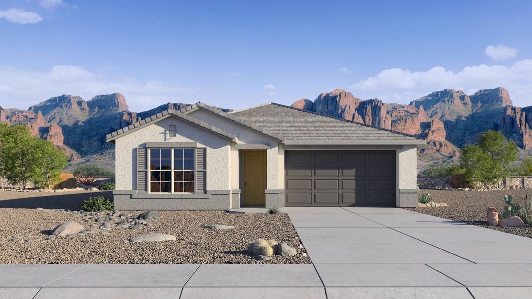 Front exterior of a new home in Zanjero Pass, Waddell, AZ, highlighting curb appeal (Image 1). Front exterior of a new home in Zanjero Pass, Waddell, AZ, highlighting curb appeal (Image 1).