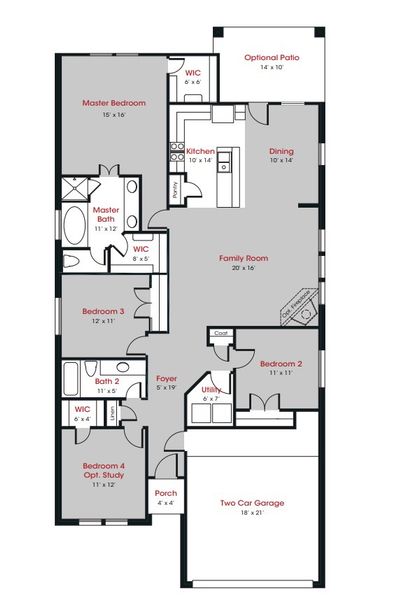 2D floor plan layout for the Duval by Kendall Homes in Columbia Lakes, West Columbia, TX (Image 3). 2D floor plan layout for the Duval by Kendall Homes in Columbia Lakes, West Columbia, TX (Image 3).