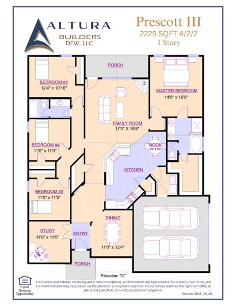 2D floor plan layout for the Prescott III by Altura Homes in Mallard Point, Greenville, TX (Image 3).