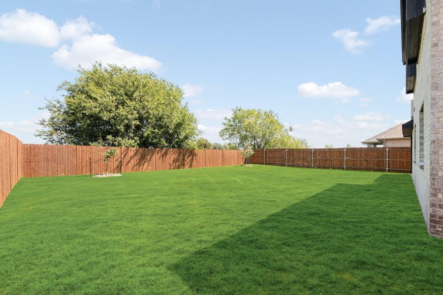 Spacious backyard with green grass lawn, wood privacy fence, and mature trees along the border.