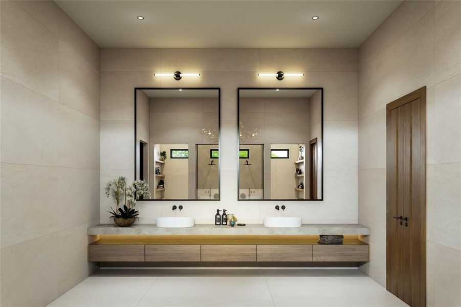 Contemporary bathroom featuring a floating dual vanity with wood-finish cabinetry, under-cabinet lighting, and stone-finish countertop