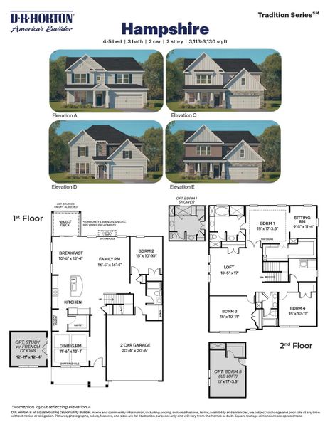 2D floor plan layout for the Hampshire by D.R. Horton in The Grove at Winston Pointe, Clayton, NC (Image 3).