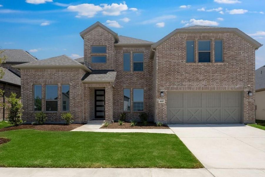 Front exterior of a new home in South Oak 60s, Lakewood Village, TX, highlighting curb appeal (Image 2).