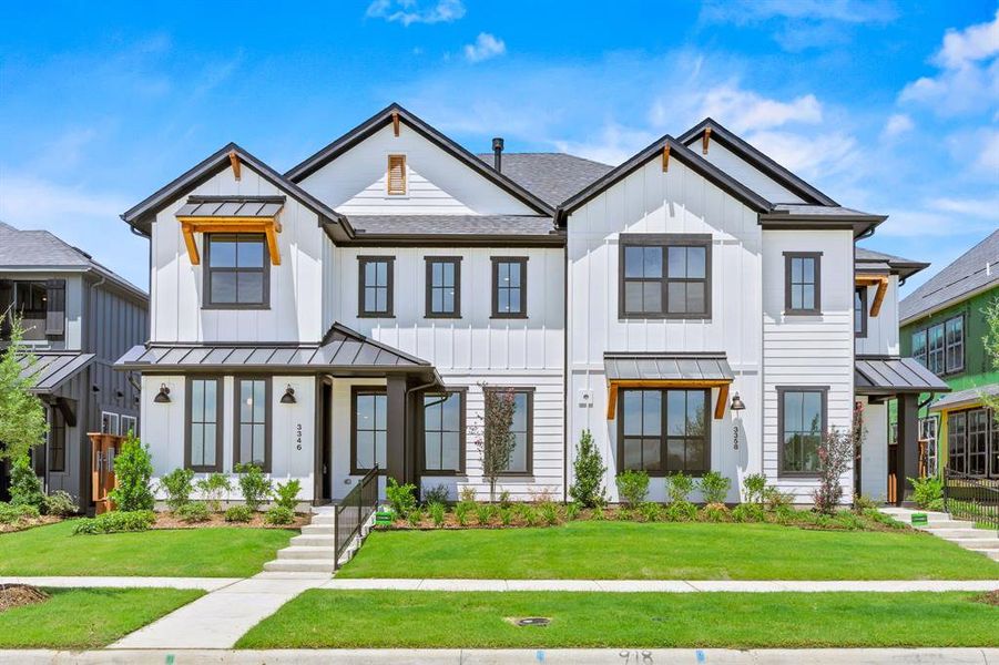 Front exterior of a new home in Fields, Frisco, TX, highlighting curb appeal (Image 1). Front exterior of a new home in Fields, Frisco, TX, highlighting curb appeal (Image 1).