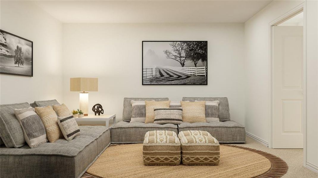 Living room featuring light carpet