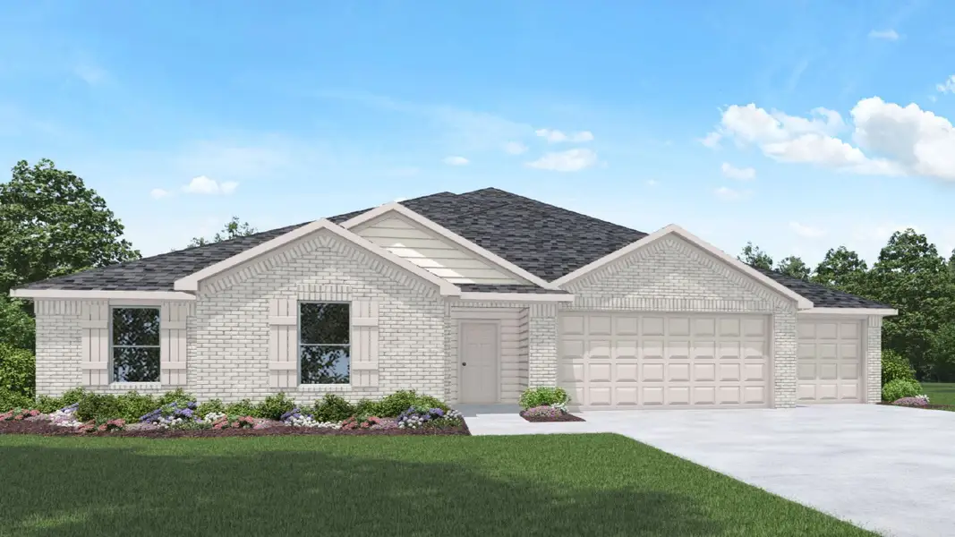 Front exterior of a new home in Riverside Estates, Mont Belvieu, TX, highlighting curb appeal (Image 1). Front exterior of a new home in Riverside Estates, Mont Belvieu, TX, highlighting curb appeal (Image 1).