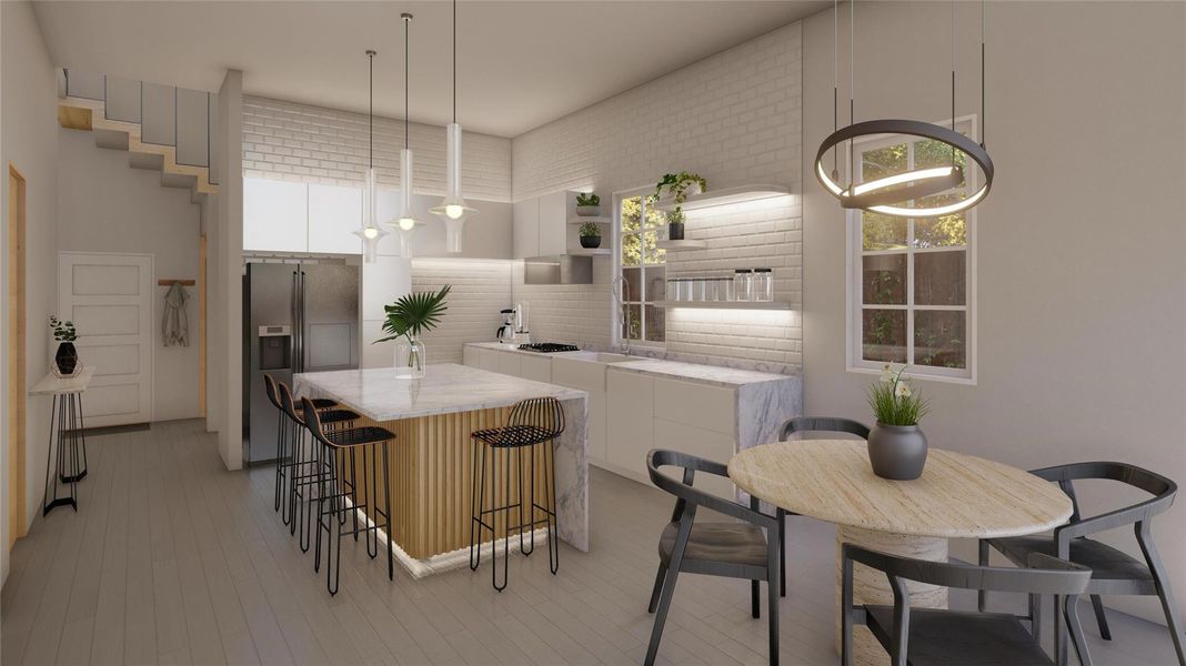 The kitchen is a true showpiece, featuring a stunning oversized waterfall island with beautiful granite countertops, perfect for entertaining and everyday living. With abundant cabinet space, modern finishes, and a functional open layout, this kitchen offers the perfect blend of style, storage, and convenience.(Photo rendering image does not represent the actual property as is, virtually staged)