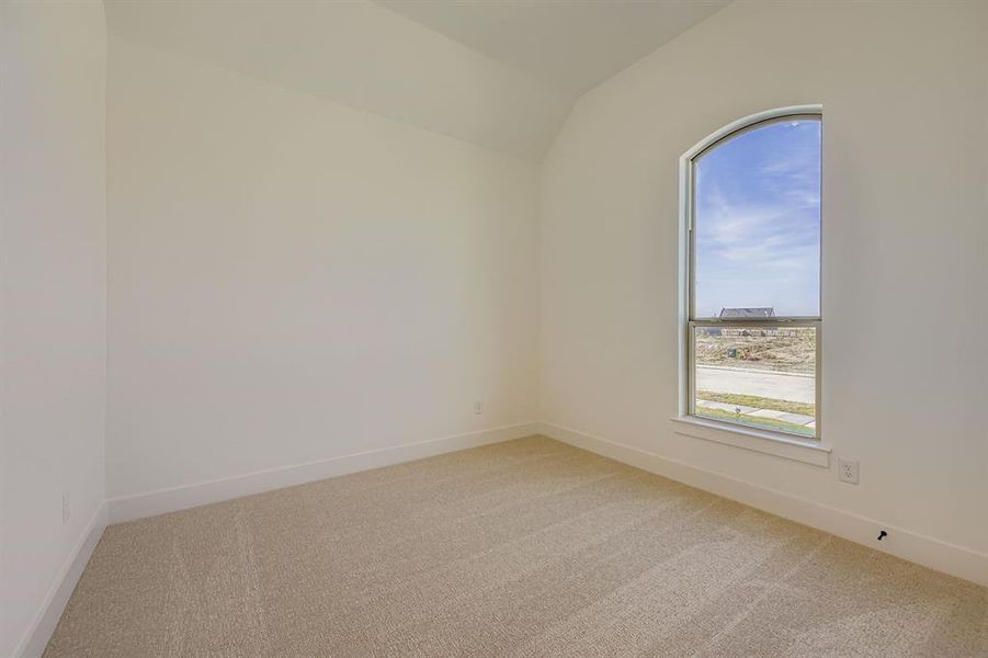 Unfurnished room with vaulted ceiling and light carpet