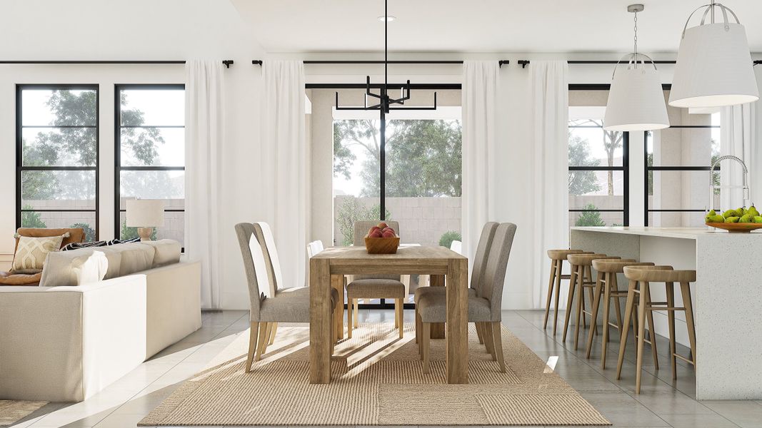 Dining area with chandelier and luxurious tile flooring