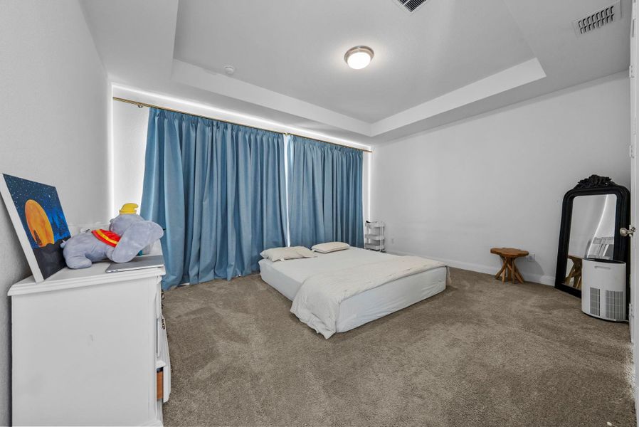 Carpeted bedroom featuring a tray ceiling