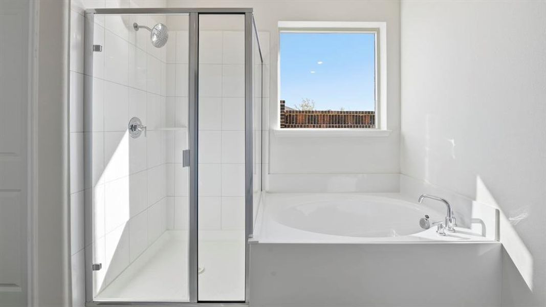 Bathroom with a garden tub and a stall shower